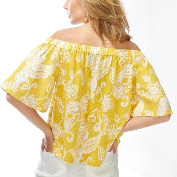 Chico’s Linen Paisley Off-Shoulder Top Women’s Size L Lightweight Boho Yellow - Picture 2 of 11